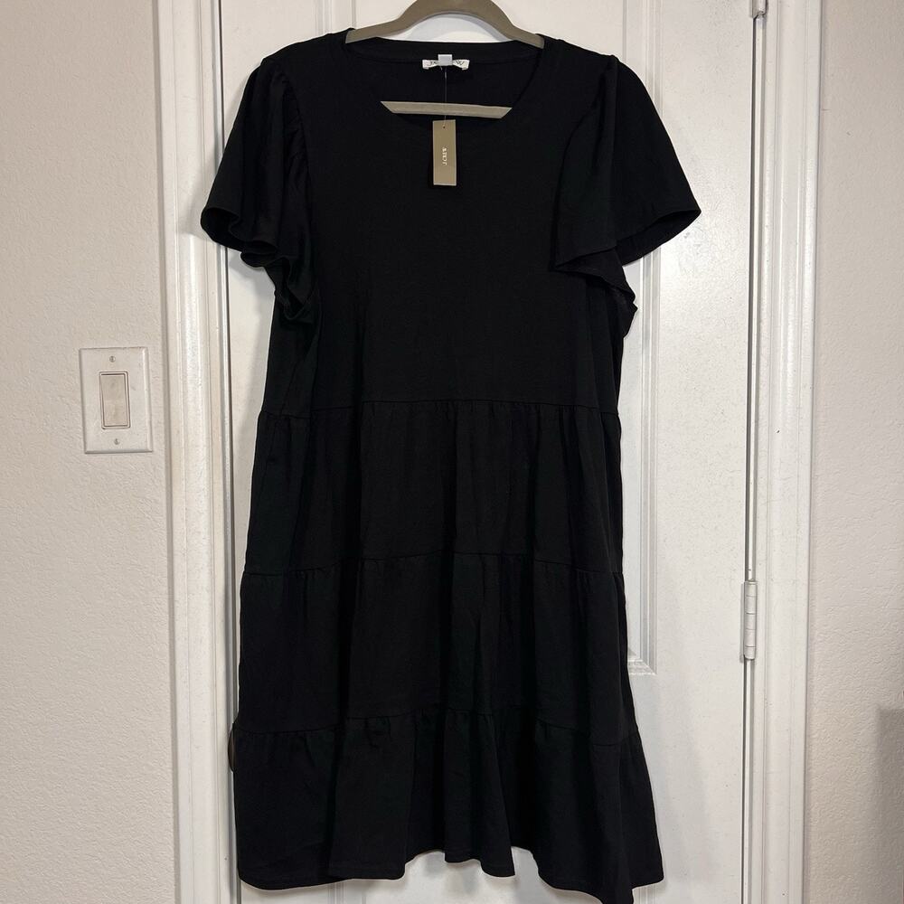 J. Crew Mini Dress Size XL Black Knit Broken-In Jersey Tiered Cotton Casual NWT - Picture 2 of 12